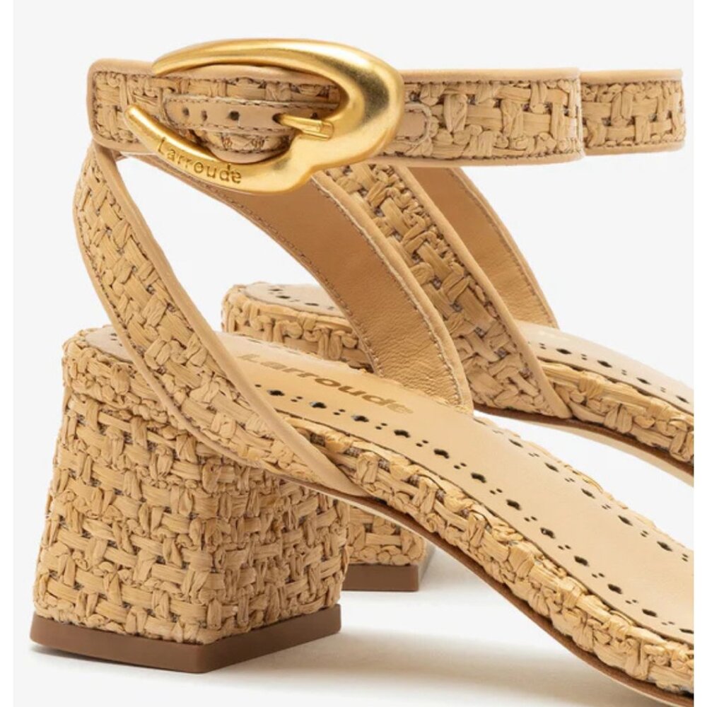 Larroudé Verona Block Sandal In Beige Leather and Natural Raffia - Picture 4 of 11
